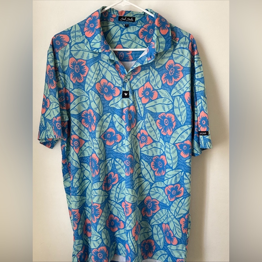 Mens Bad Birdie Blue Hawaiian Tropical Floral Golf Polo Size XL